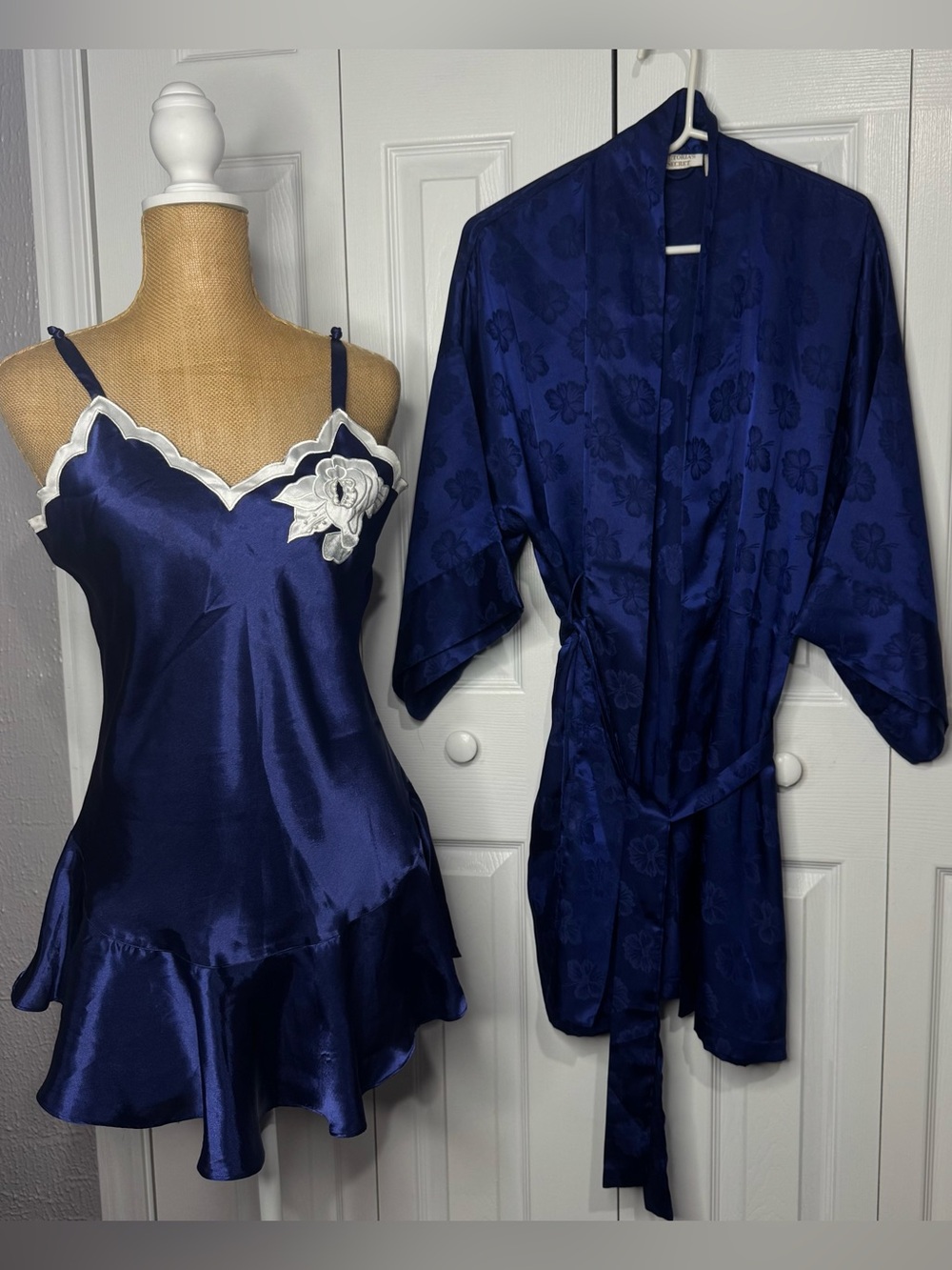 Vintage Victoria's Secret Navy Blue Satin Chemise & Robe Set